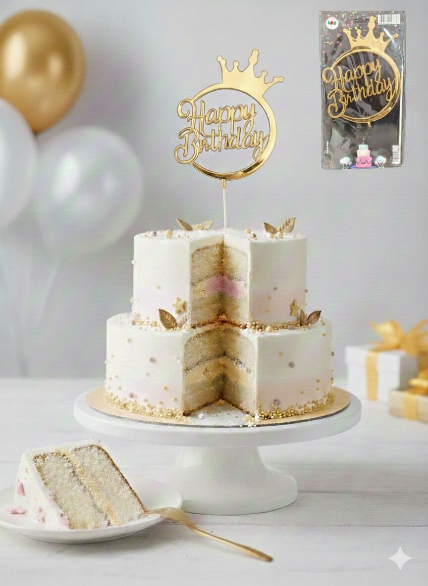 ÇUBUKLU PASTA YAZISI YUVARLAK HAPPY GOLD 10'LU