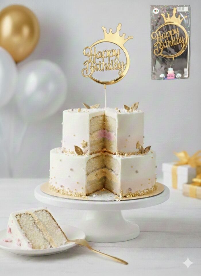 ÇUBUKLU PASTA YAZISI YUVARLAK HAPPY GOLD 10'LU