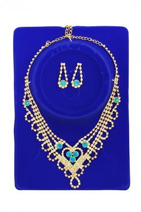 İTHAL BRİDE METAL KOLYE KÜPE SET GOLD MAVİ MODEL 2