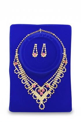 İTHAL BRİDE METAL KOLYE KÜPE SET GOLD PEMBE MODEL 2