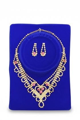 İTHAL BRİDE METAL KOLYE KÜPE SET GOLD PEMBE MODEL 2