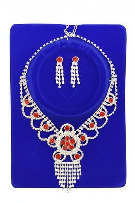 İTHAL BRİDE METAL KOLYE KÜPE SET GÜMÜŞ KIRMIZI MODEL 2