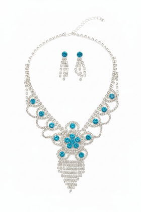 İTHAL BRİDE METAL KOLYE KÜPE SET GÜMÜŞ MAVİ MODEL 2