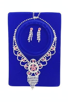 İTHAL BRİDE METAL KOLYE KÜPE SET GÜMÜŞ PEMBE MODEL 2