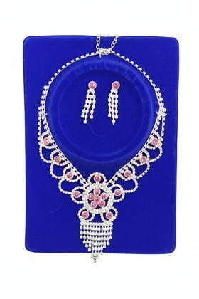 İTHAL BRİDE METAL KOLYE KÜPE SET GÜMÜŞ PEMBE MODEL 2