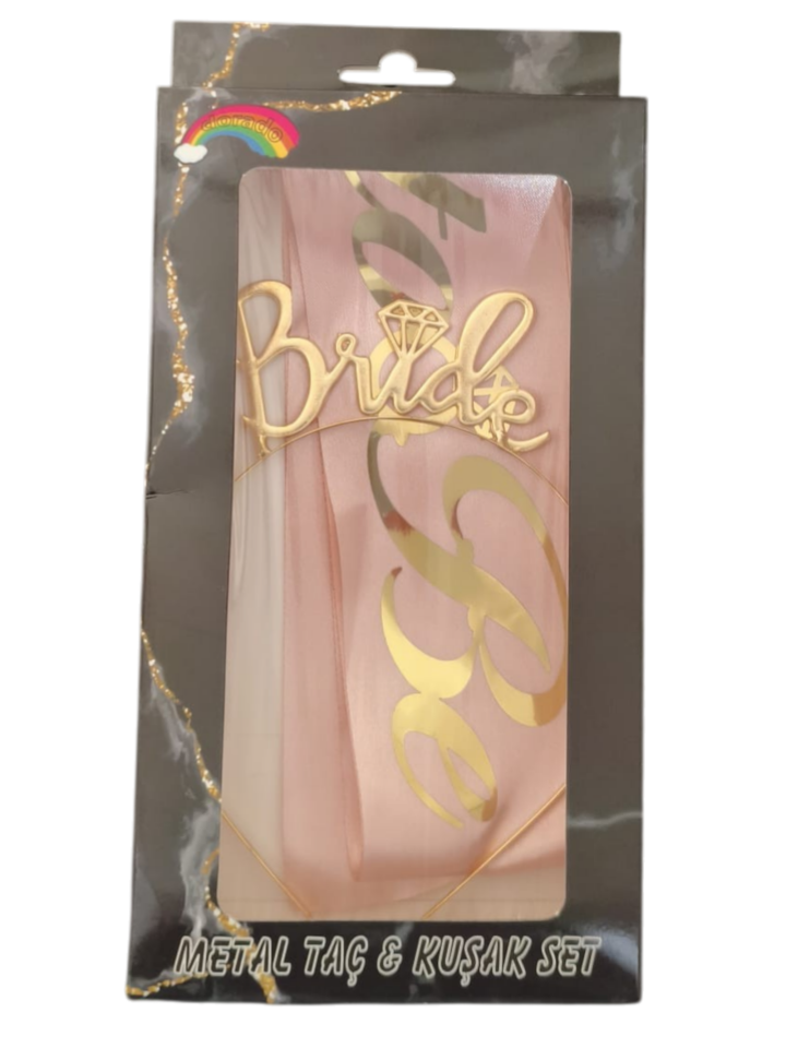 METAL TAÇ KUŞAK SET BRİDE TOBE  PEMBEYE GOLD