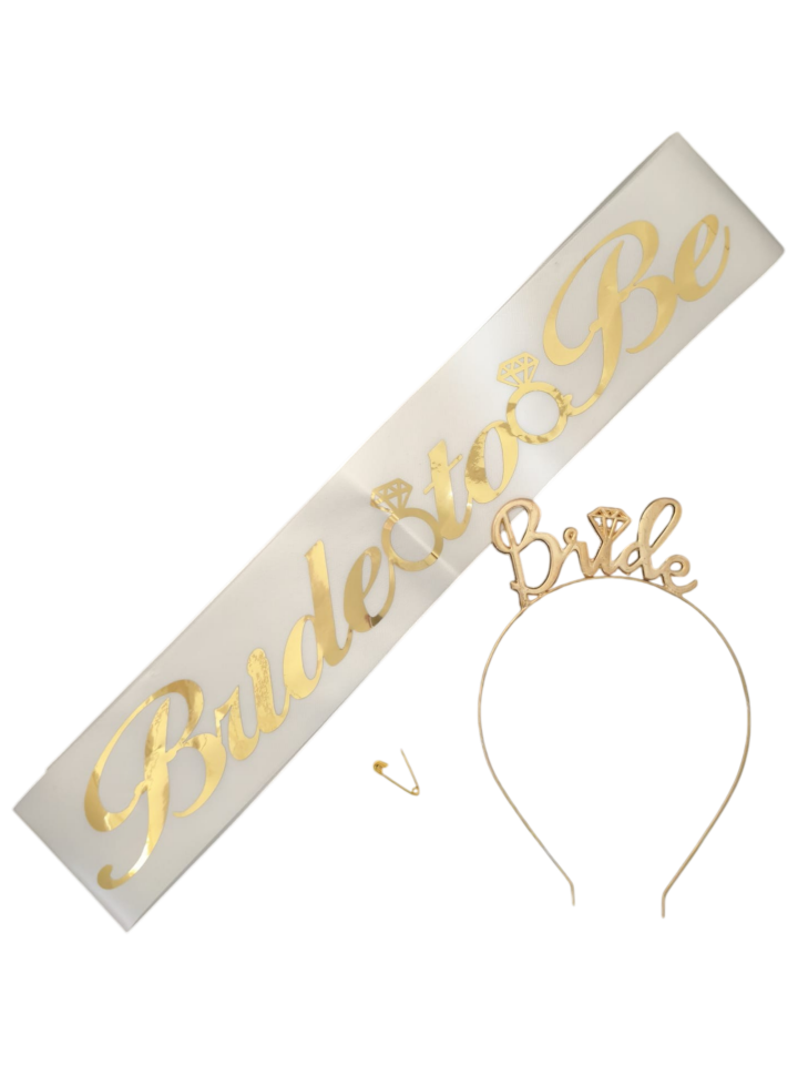 METAL TAÇ KUŞAK SET BRİDE TOBE BEYAZA GOLD