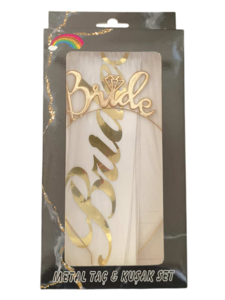 METAL TAÇ KUŞAK SET BRİDE TOBE BEYAZA GOLD