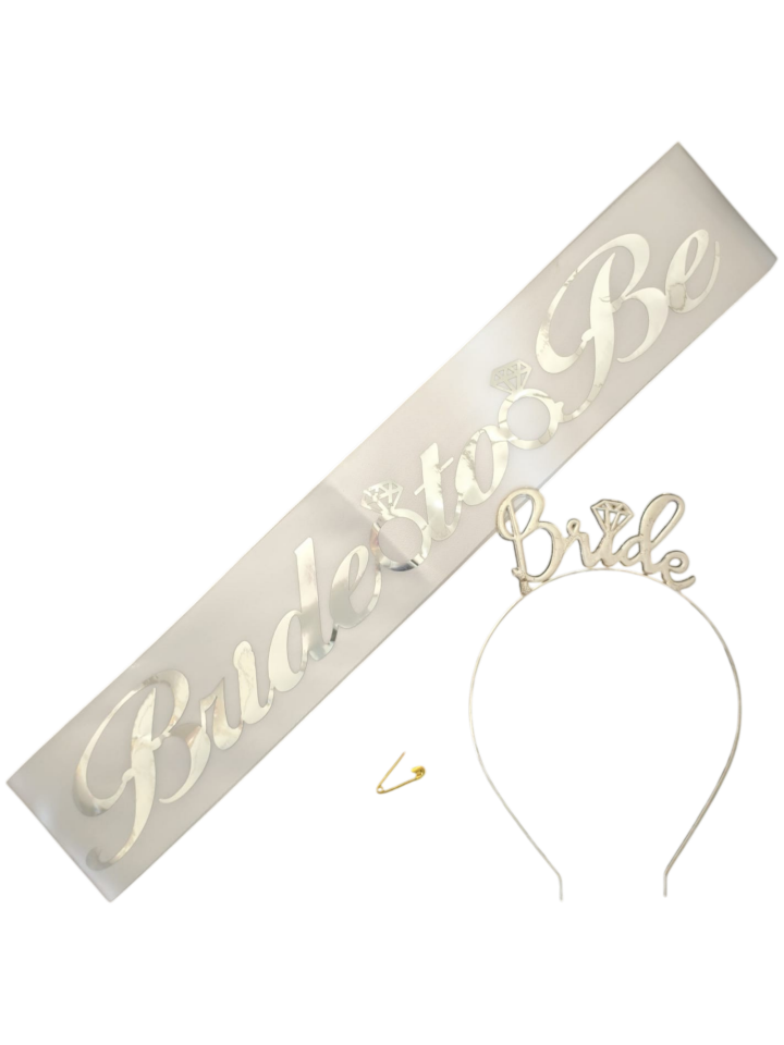 METAL TAÇ KUŞAK SET BRİDE TOBE BEYAZA GÜMÜŞ