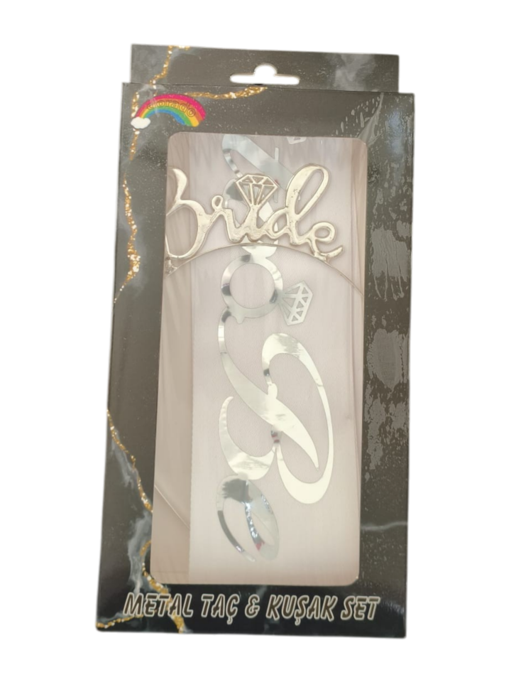 METAL TAÇ KUŞAK SET BRİDE TOBE BEYAZA GÜMÜŞ