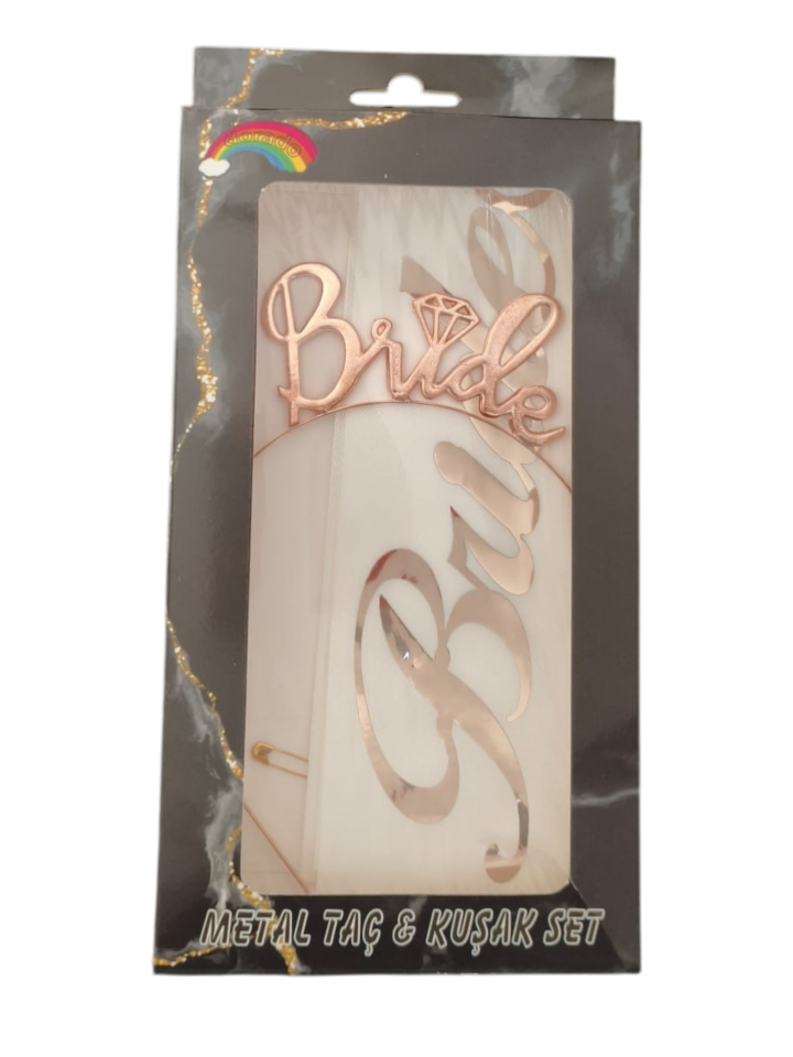 METAL TAÇ KUŞAK SET BRİDE TOBE BEYAZA ROSE