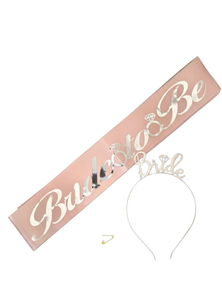 METAL TAÇ KUŞAK SET BRİDE TOBE PEMBEYE GÜMÜŞ