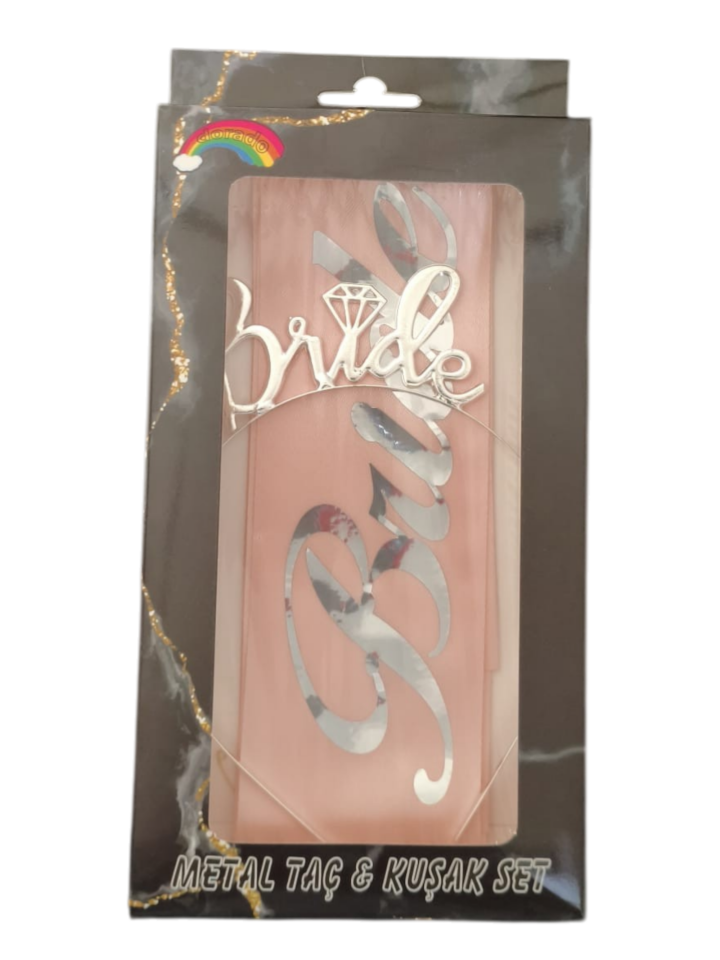 METAL TAÇ KUŞAK SET BRİDE TOBE PEMBEYE GÜMÜŞ