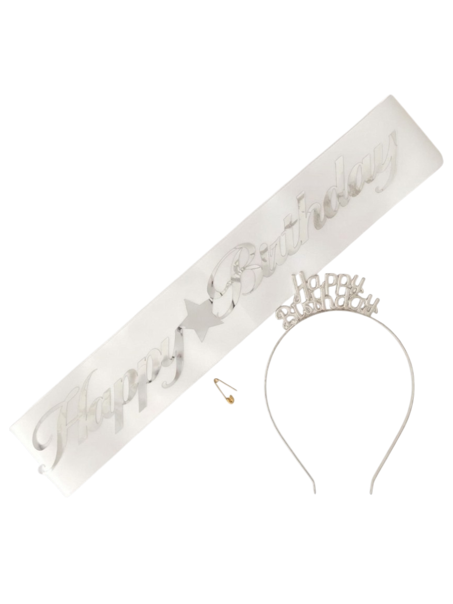 METAL TAÇ KUŞAK SET HAPPY BEYAZ GÜMÜŞ