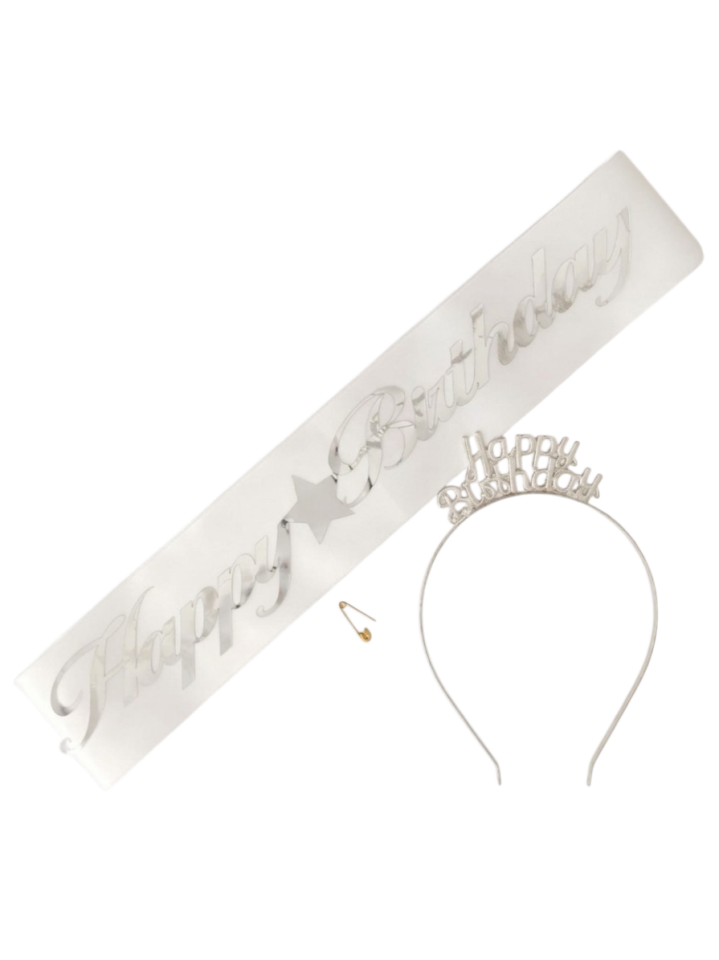 METAL TAÇ KUŞAK SET HAPPY BEYAZ GÜMÜŞ