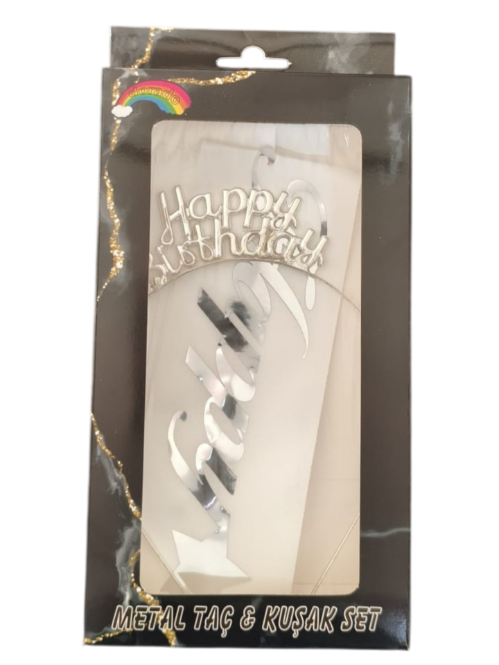 METAL TAÇ KUŞAK SET HAPPY BEYAZ GÜMÜŞ