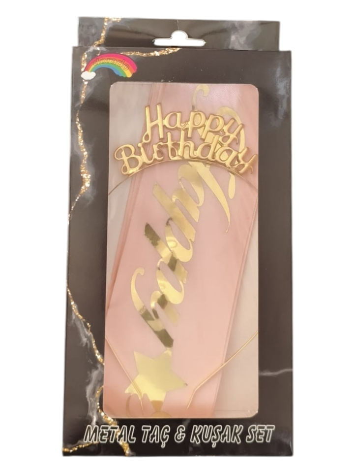 METAL TAÇ KUŞAK SET HAPPY PEMBE GOLD