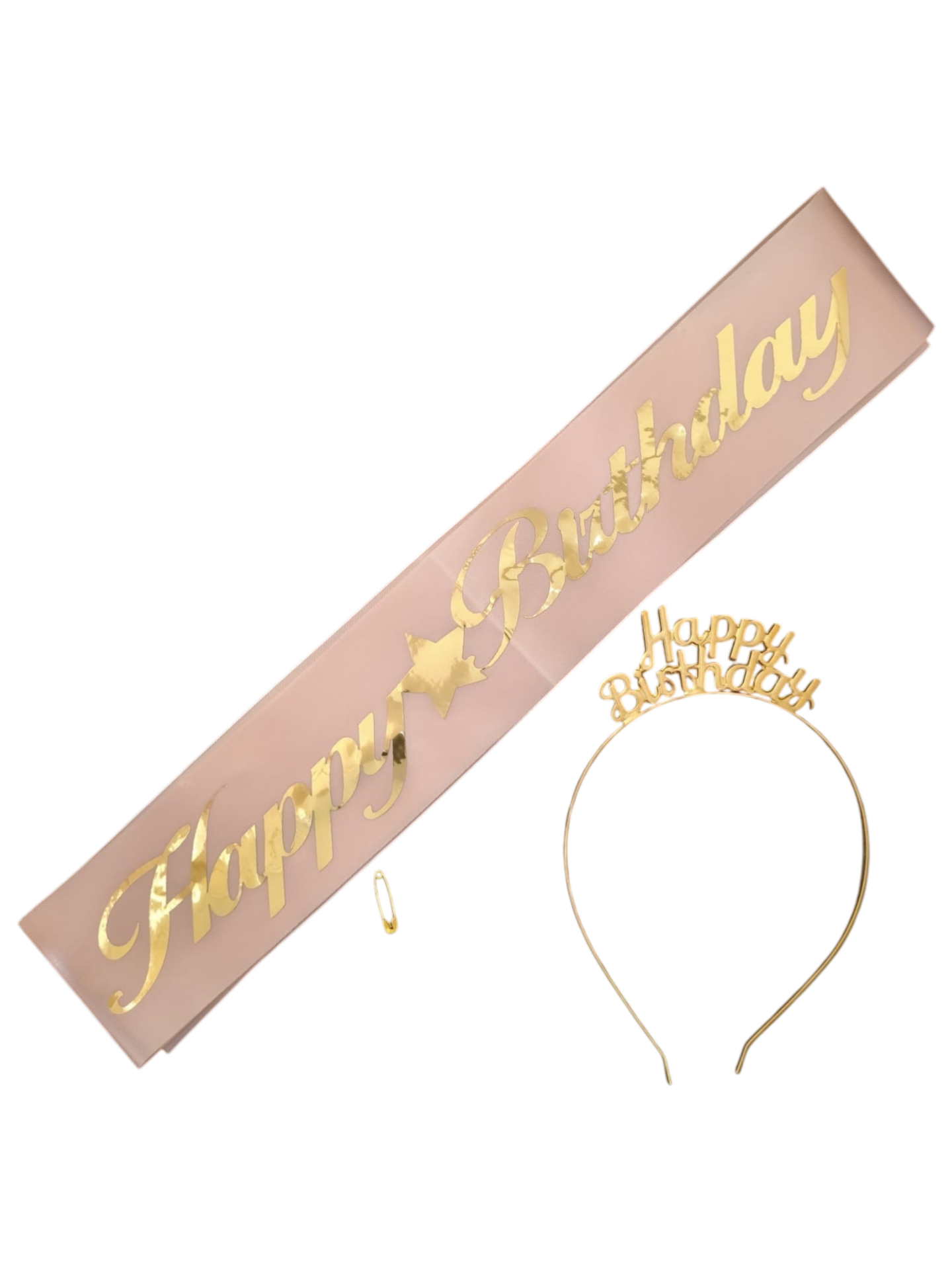 METAL TAÇ KUŞAK SET HAPPY PEMBE GOLD