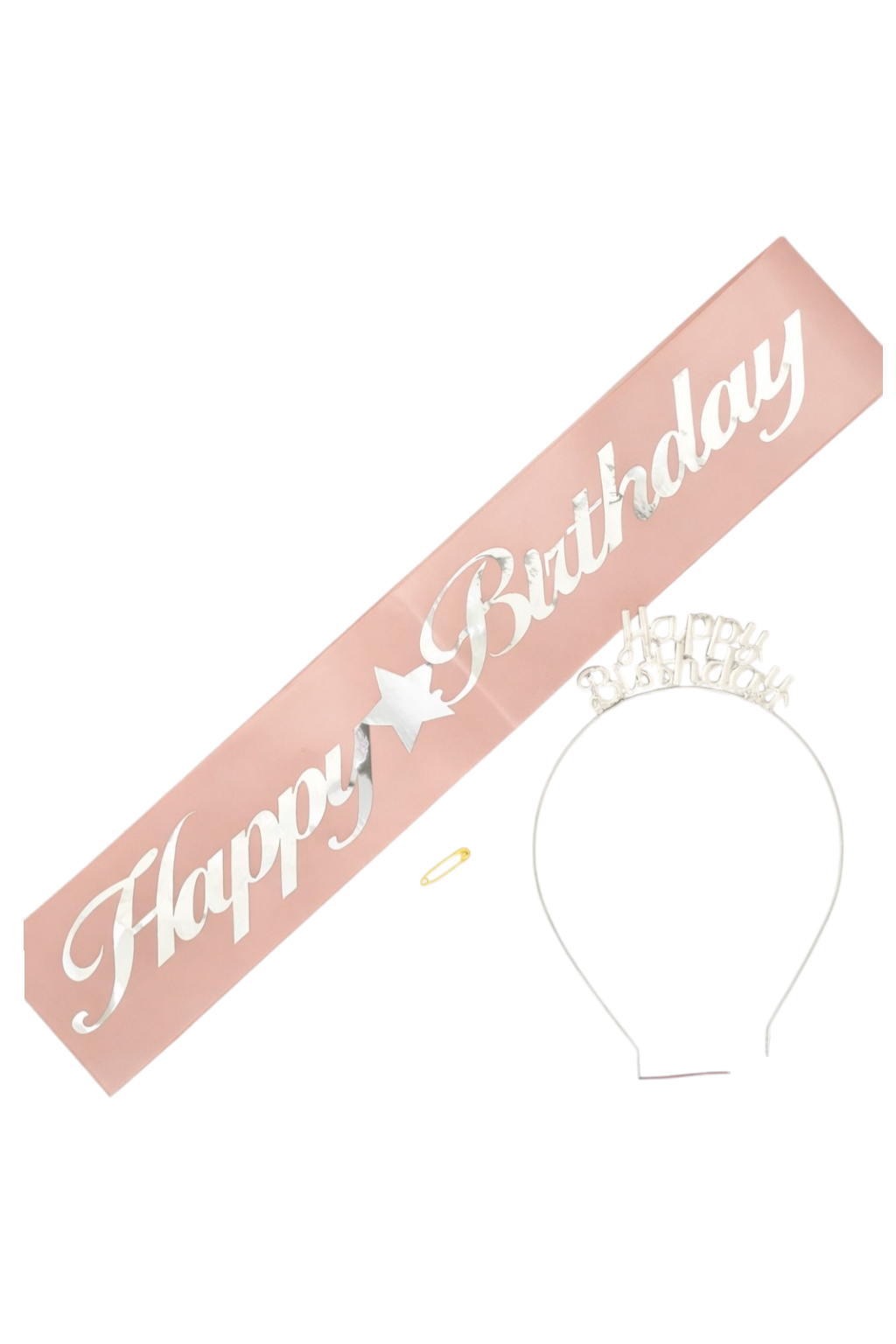 METAL TAÇ KUŞAK SET HAPPY PEMBE GÜMÜŞ