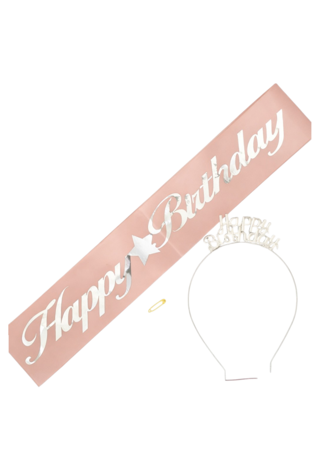 METAL TAÇ KUŞAK SET HAPPY PEMBE GÜMÜŞ