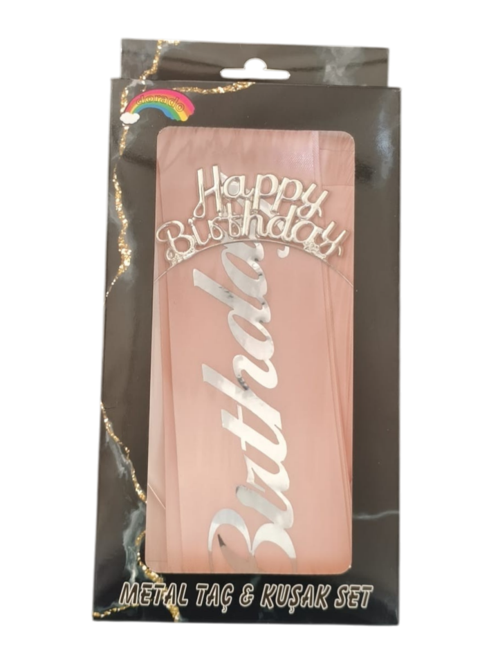 METAL TAÇ KUŞAK SET HAPPY PEMBE GÜMÜŞ