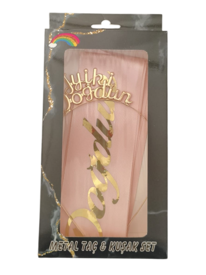 METAL TAÇ KUŞAK SET İYİKİ DOĞDUN  PEMBE GOLD