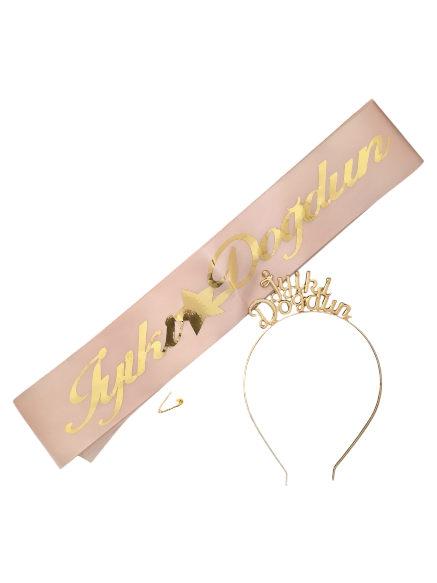 METAL TAÇ KUŞAK SET İYİKİ DOĞDUN  PEMBE GOLD