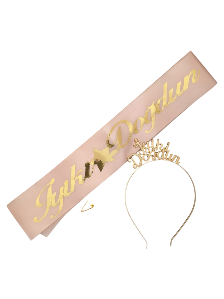 METAL TAÇ KUŞAK SET İYİKİ DOĞDUN  PEMBE GOLD