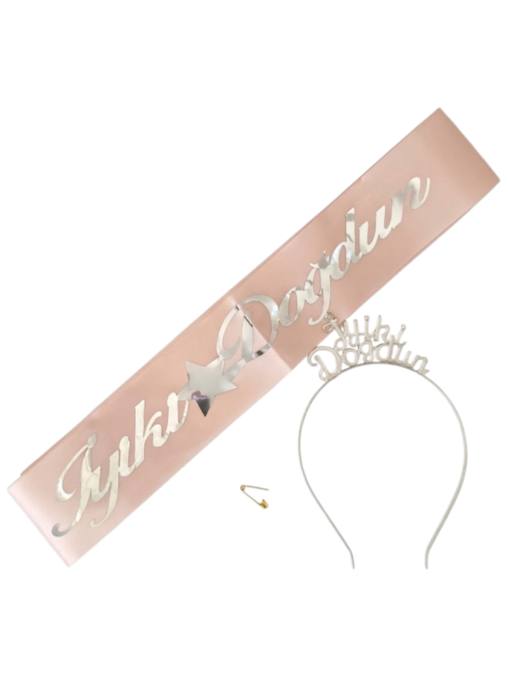 METAL TAÇ KUŞAK SET İYİKİ DOĞDUN  PEMBE GÜMÜŞ