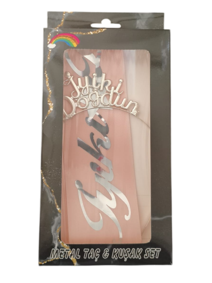 METAL TAÇ KUŞAK SET İYİKİ DOĞDUN  PEMBE GÜMÜŞ