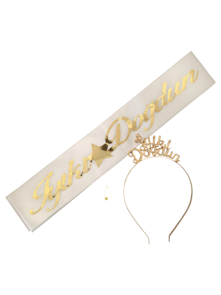 METAL TAÇ KUŞAK SET İYİKİ DOĞDUN BEYAZ GOLD