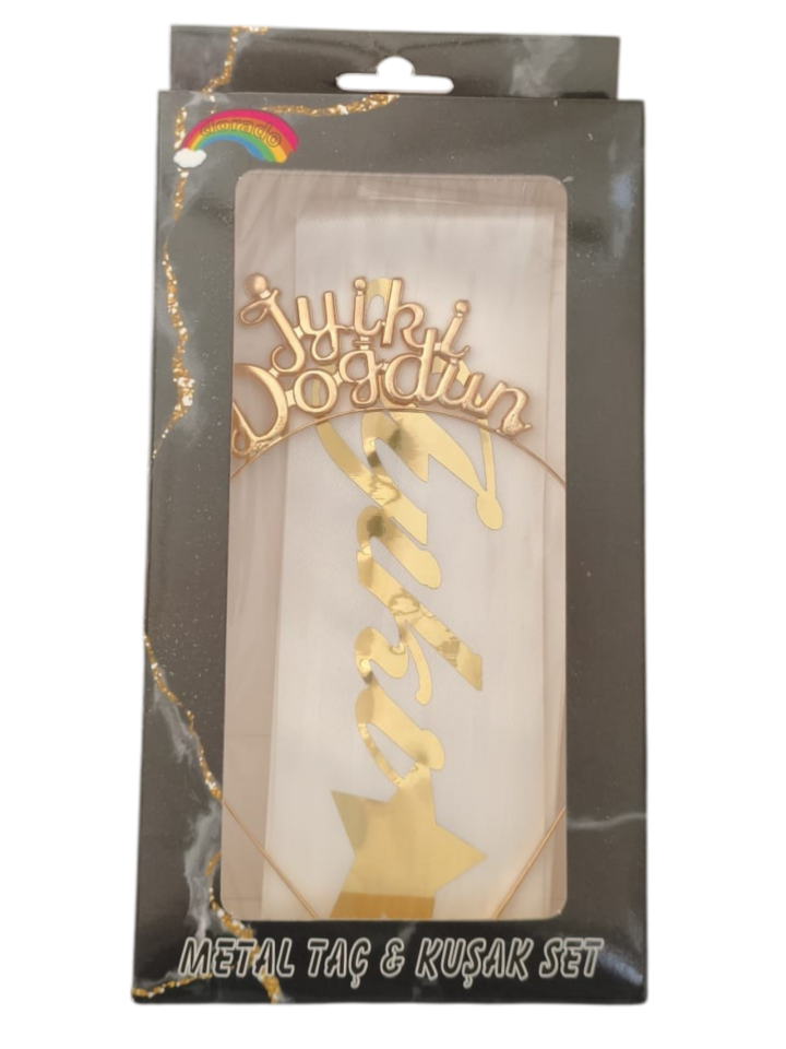METAL TAÇ KUŞAK SET İYİKİ DOĞDUN BEYAZ GOLD