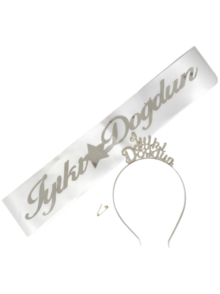 METAL TAÇ KUŞAK SET İYİKİ DOĞDUN BEYAZA GÜMÜŞ