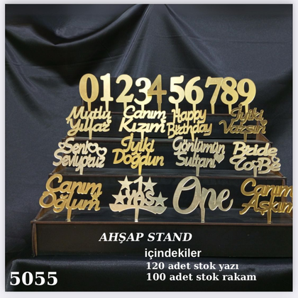 GOLD PLEKSİ AHŞAP STANDLI PASTA YAZISI 120 RAKAM 100 AD
