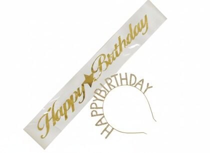TAŞLI TAÇ KUŞAK HAPPY BİRTHDAY BEYAZ GOLD