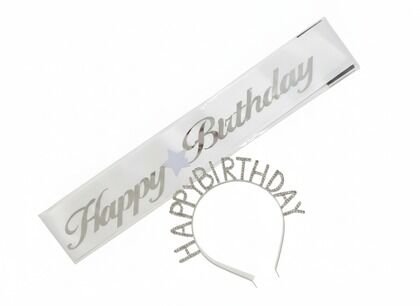 TAŞLI TAÇ KUŞAK HAPPY BİRTHDAY BEYAZ GÜMÜŞ