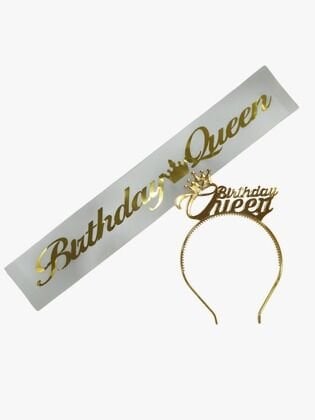 2 Lİ MİKA TAÇ KUŞAK SET BİRTHDAY QUEEN BEYAZ GOLD