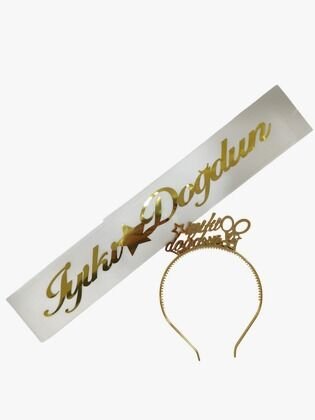 2 Lİ MİKA TAÇ KUŞAK SET İYİKİ DOGDUN BEYAZ GOLD