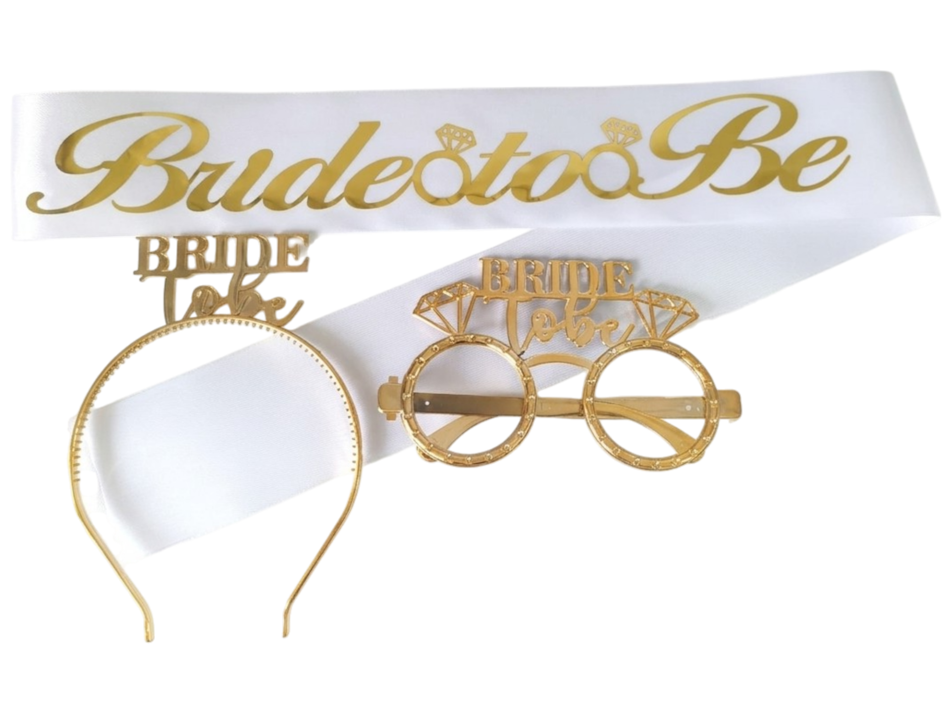 3 LÜ MİKA TAC GÖZLÜK KUŞAK SET BEYAZ BRİDE TOBE GOLD