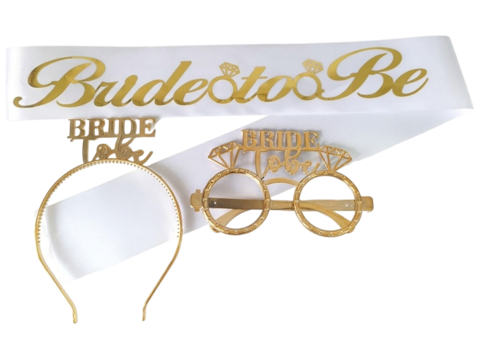 3 LÜ MİKA TAC GÖZLÜK KUŞAK SET BEYAZ BRİDE TOBE GOLD