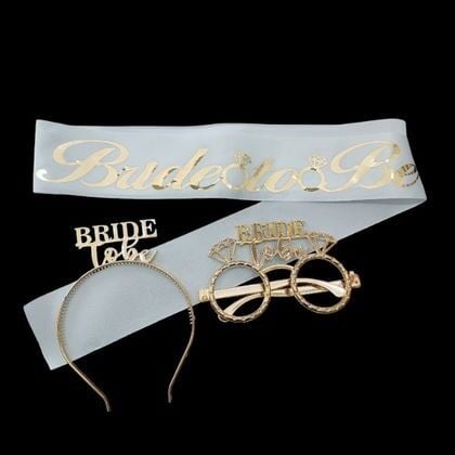 3 LÜ MİKA TAC GÖZLÜK KUŞAK SET BEYAZ BRİDE TOBE GOLD