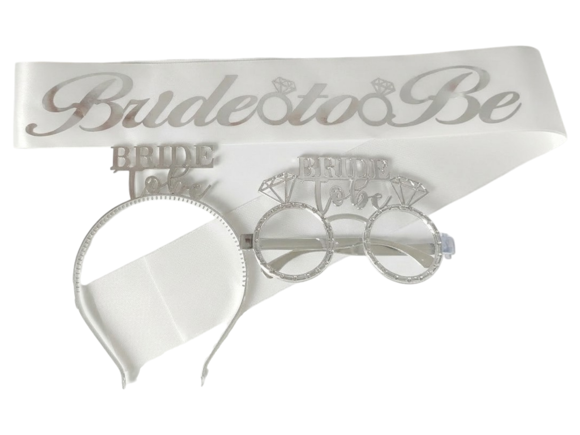 3 LÜ MİKA TAC GÖZLÜK KUŞAK SET BEYAZ BRİDE TOBE GÜMÜŞ