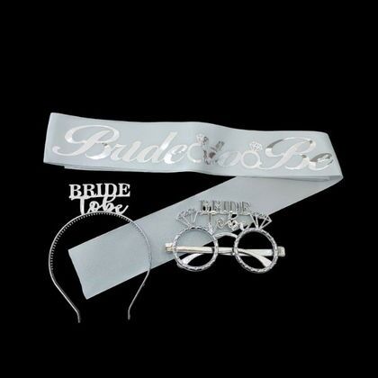 3 LÜ MİKA TAC GÖZLÜK KUŞAK SET BEYAZ BRİDE TOBE GÜMÜŞ