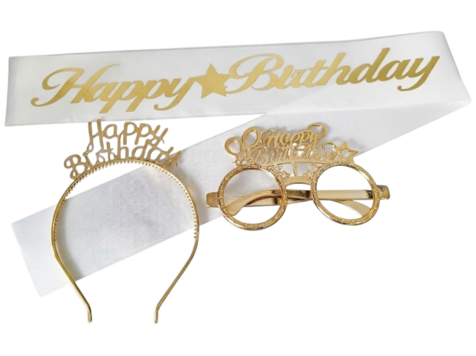 3 LÜ MİKA TAC GÖZLÜK KUŞAK SET BEYAZ HAPPY GOLD