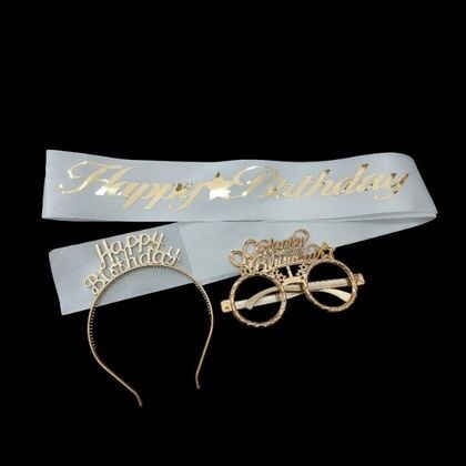 3 LÜ MİKA TAC GÖZLÜK KUŞAK SET BEYAZ HAPPY GOLD