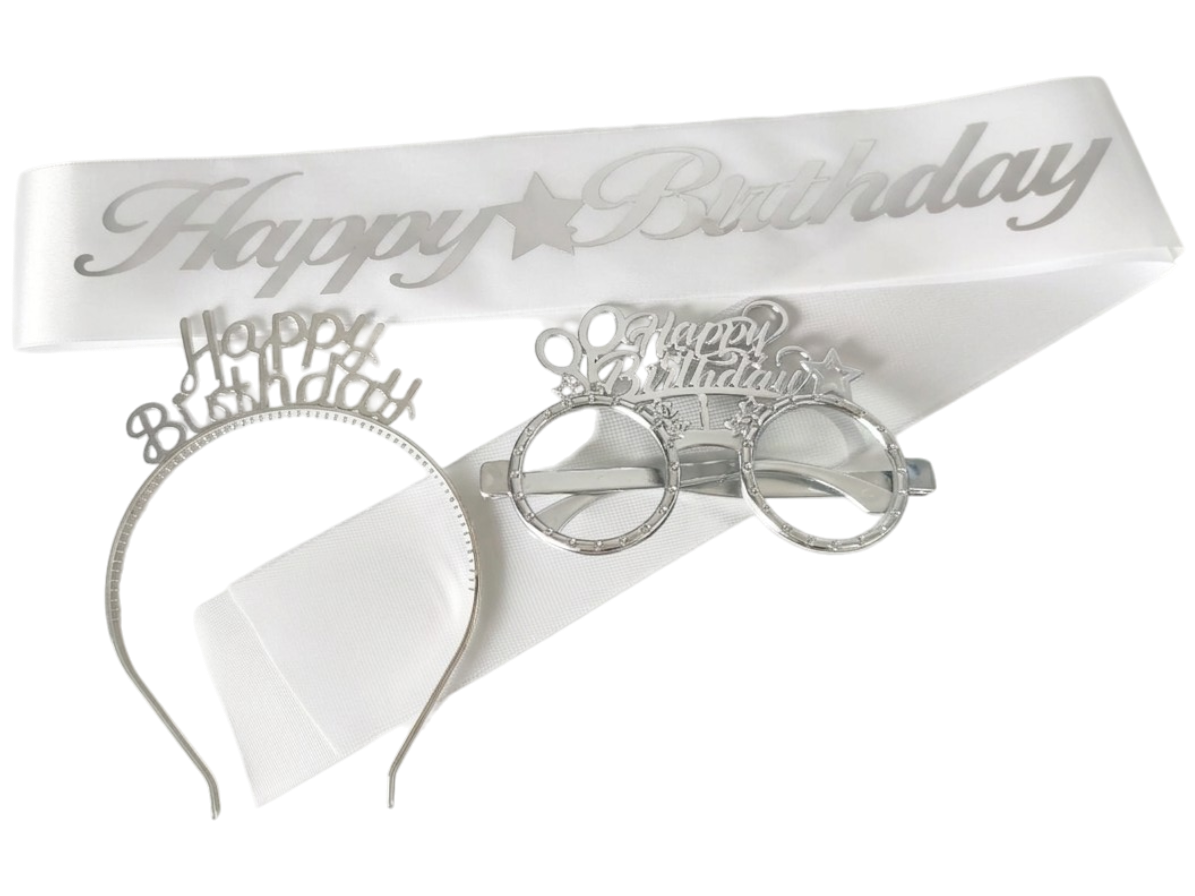 3 LÜ MİKA TAC GÖZLÜK KUŞAK SET BEYAZ HAPPY GÜMÜŞ