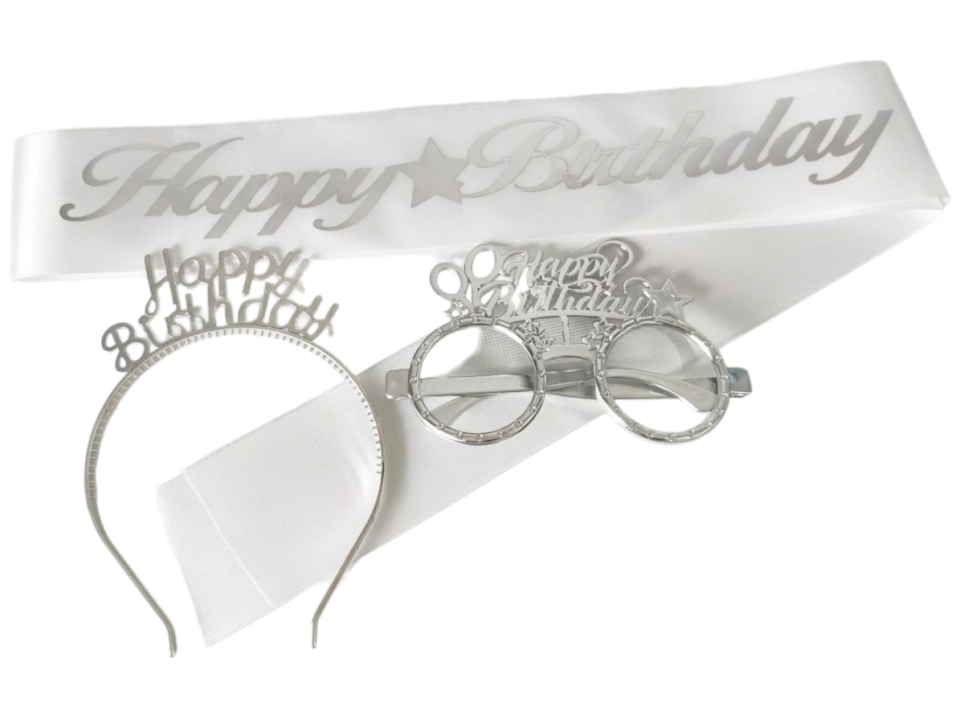 3 LÜ MİKA TAC GÖZLÜK KUŞAK SET BEYAZ HAPPY GÜMÜŞ