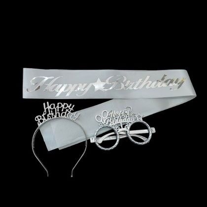 3 LÜ MİKA TAC GÖZLÜK KUŞAK SET BEYAZ HAPPY GÜMÜŞ