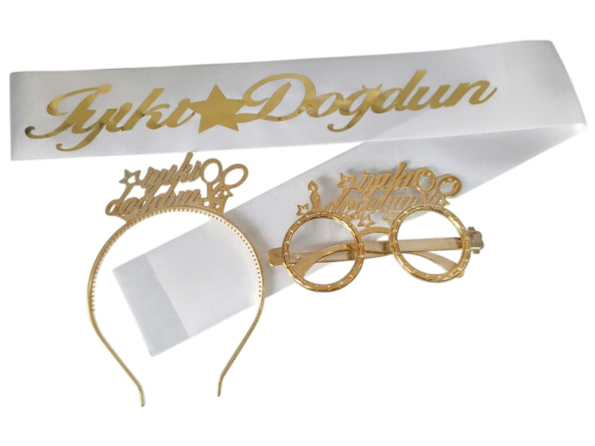 3 LÜ MİKA TAC GÖZLÜK KUŞAK SET BEYAZ İYİKİ DOĞDUN GOLD