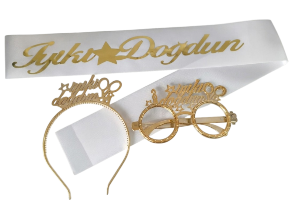 3 LÜ MİKA TAC GÖZLÜK KUŞAK SET BEYAZ İYİKİ DOĞDUN GOLD